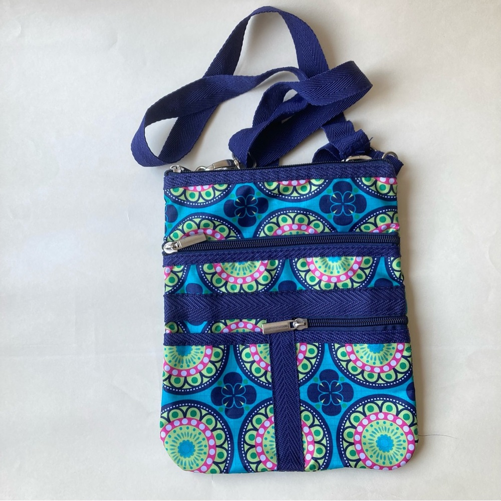 AphOrism Crossbody Nylon Bag Blue Adjustable Straps Zipper Colorful Floral Print